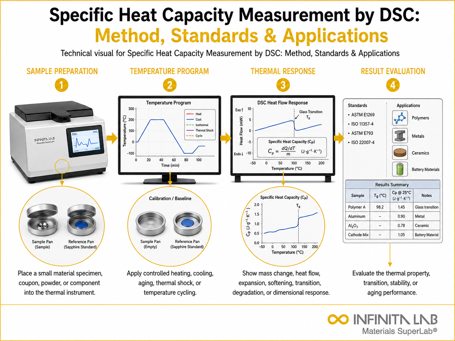 Infinita Engineering Visual showing Specific Heat Capacity dsc / thermal transitions workflow for specific heat capacity measurement by dsc: method, standards & applications.