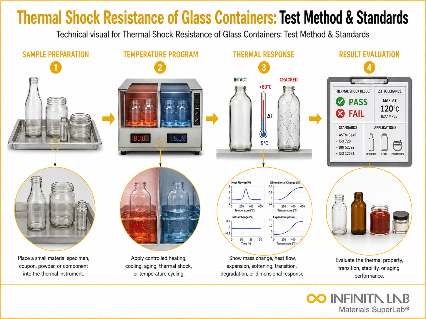 Infinita Engineering Visual showing Thermal Shock Resistance thermal shock / cycling workflow for thermal shock resistance of glass containers: test method & standards.