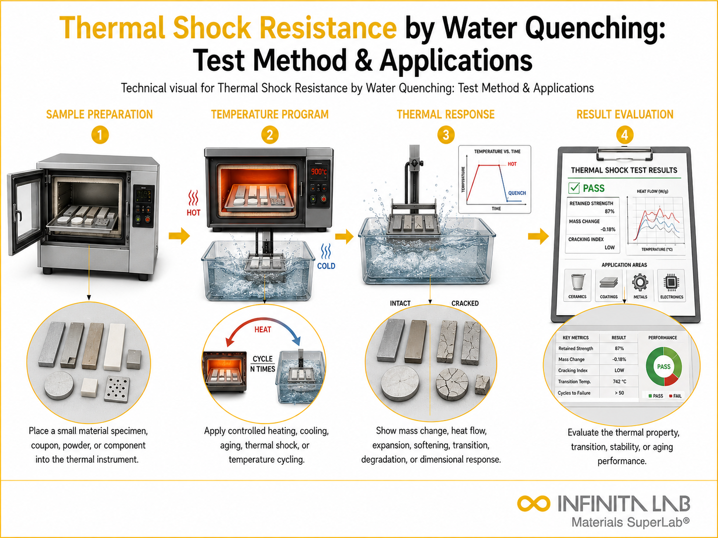 Infinita Engineering Visual showing Thermal Shock Resistance thermal shock / cycling workflow for thermal shock resistance by water quenching: test method & applications.