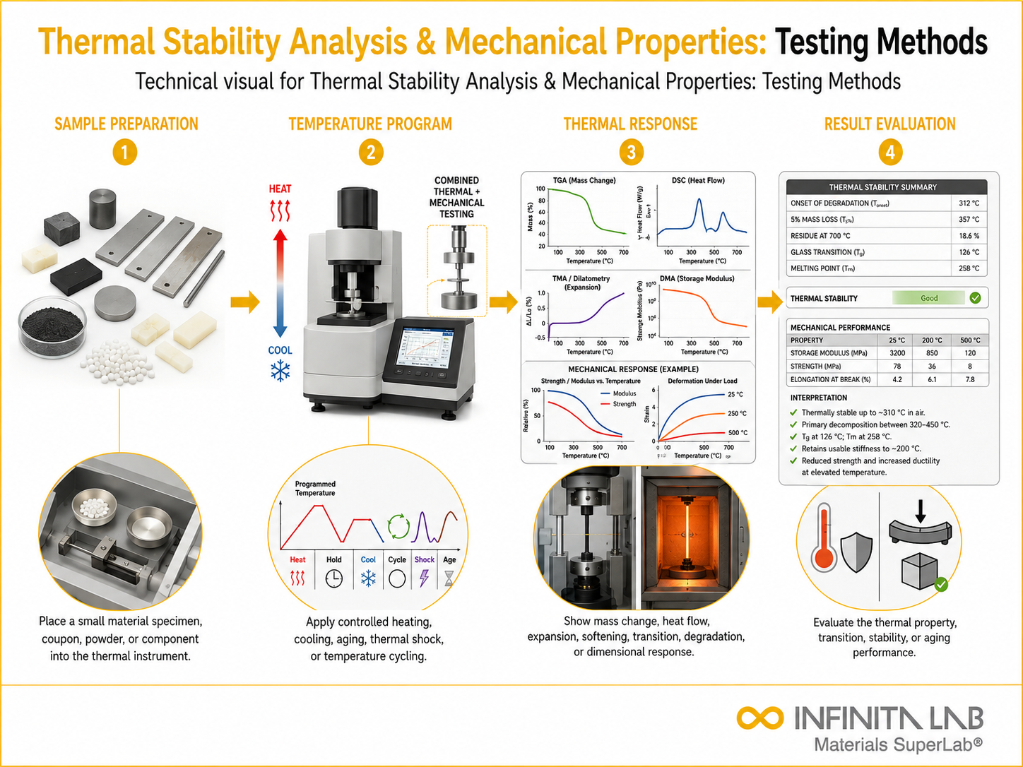 Infinita Engineering Visual showing Thermal Stability Analysis thermal analysis / heat testing workflow for thermal stability analysis & mechanical properties: testing methods.