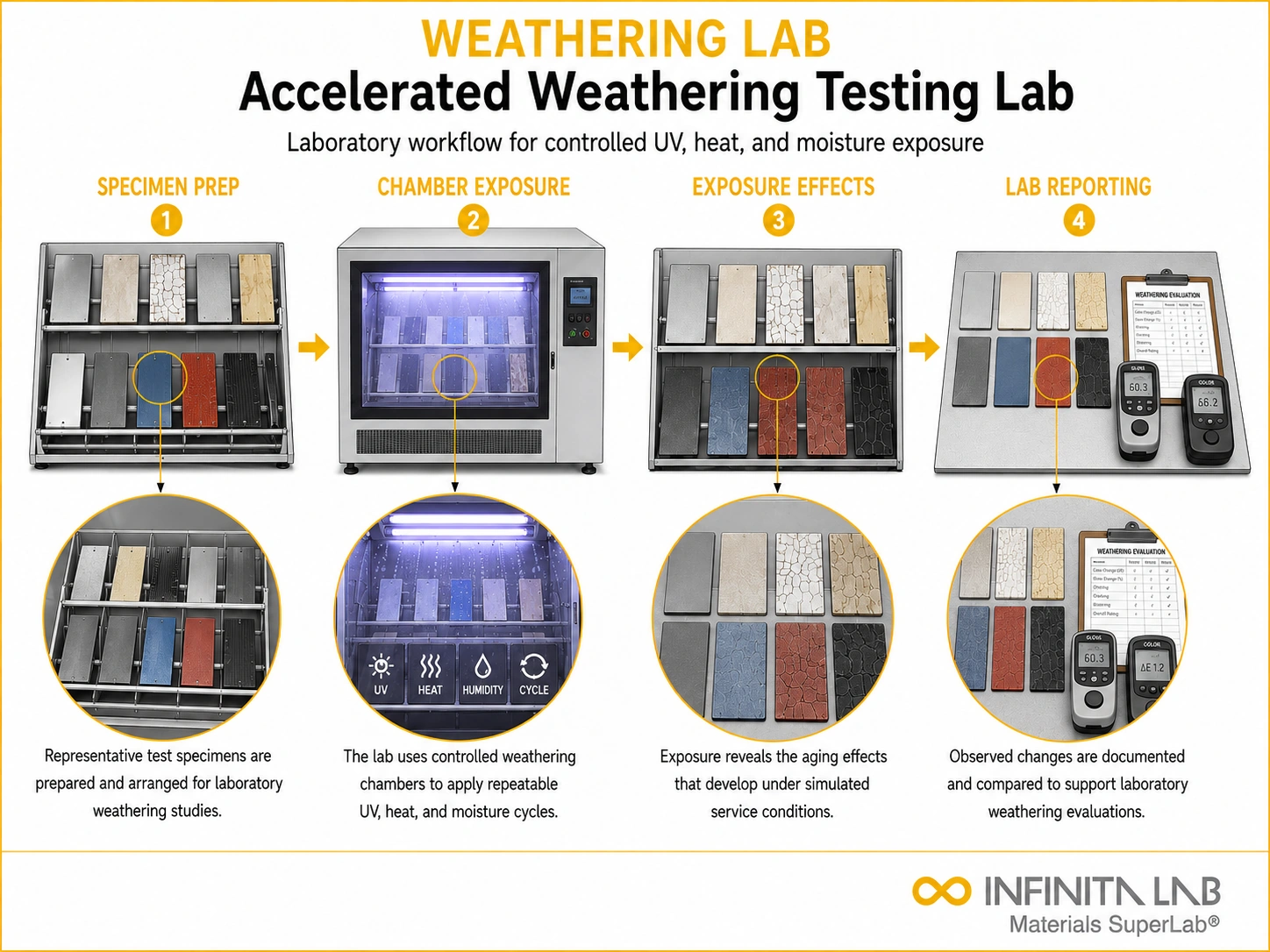 Infinita Engineering Visual showing Accelerated Weathering Testing uv / weathering exposure workflow for accelerated weathering testing lab.