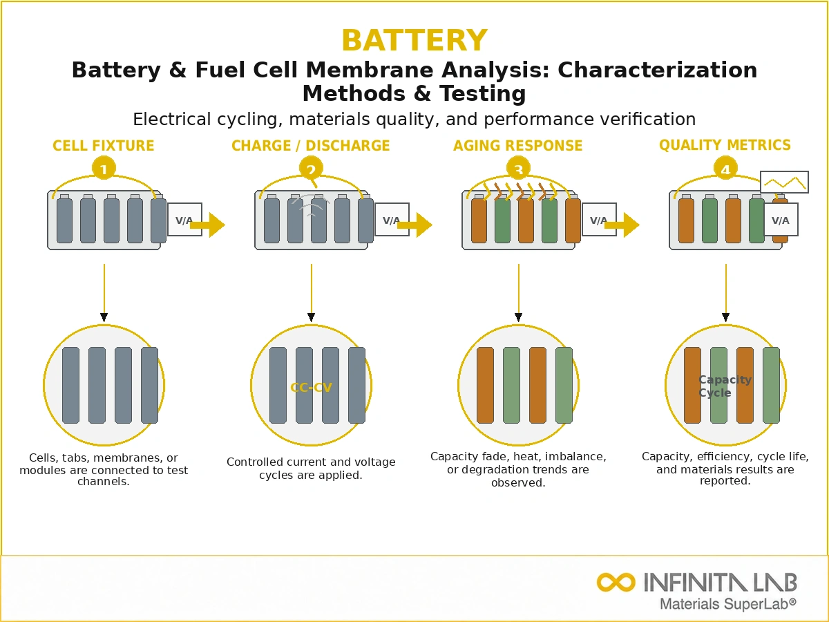 Infinita Engineering Visual showing Battery Fuel Cell electrical / electronics reliability workflow for battery & fuel cell membrane analysis: characterization methods & testing.