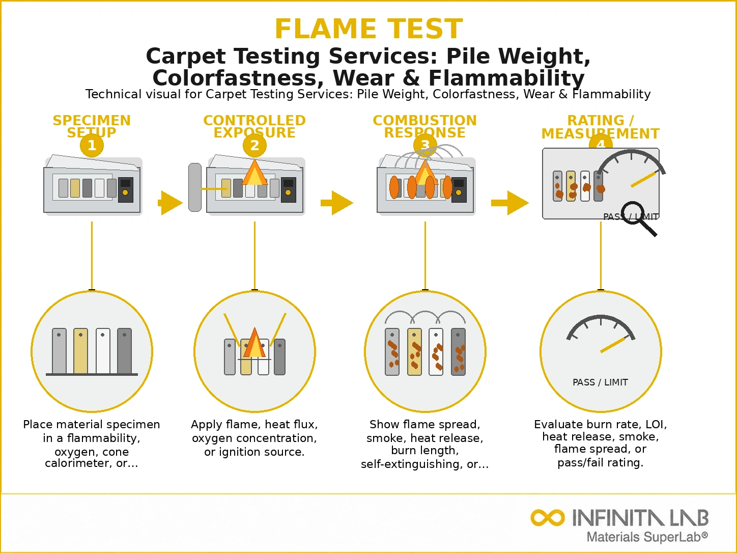 Infinita Engineering Visual showing Carpet Testing Services fire / flammability / combustion workflow for carpet testing services: pile weight, colorfastness, wear & flammability.