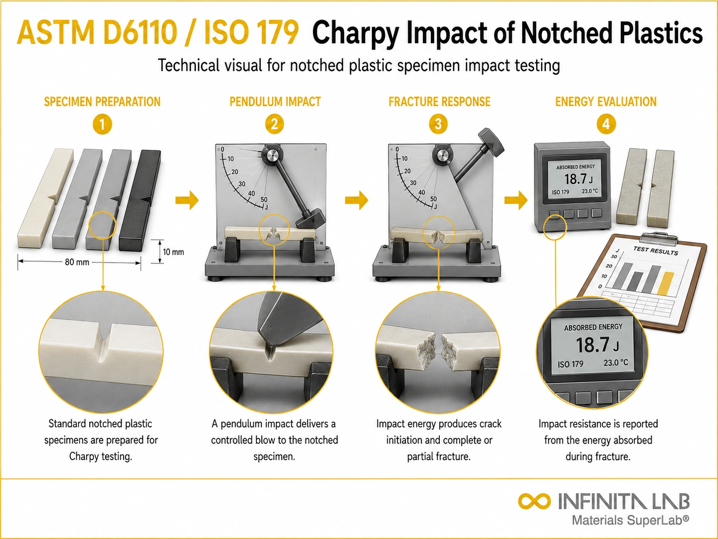 Infinita Engineering Visual showing ASTM D6110 impact testing workflow for charpy impact resistance of notched plastic specimens: astm d6110 & iso 179.