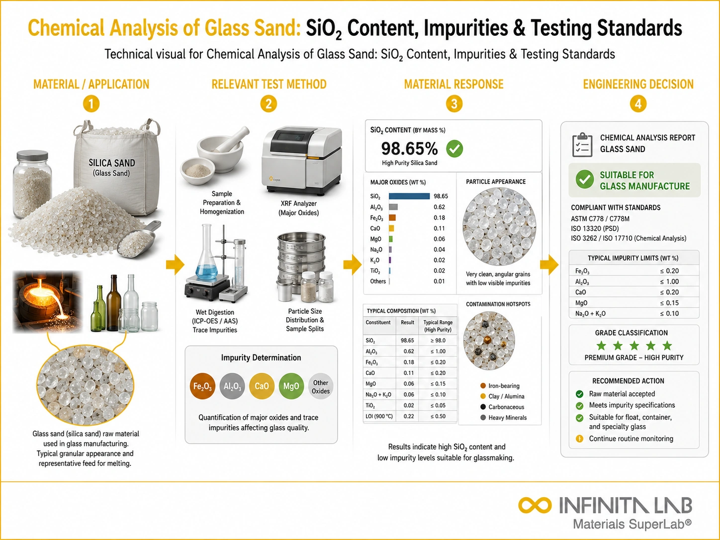 Infinita Engineering Visual showing Chemical Analysis Of general testing / industry guide workflow for chemical analysis of glass sand: sio₂ content, impurities & testing standards.