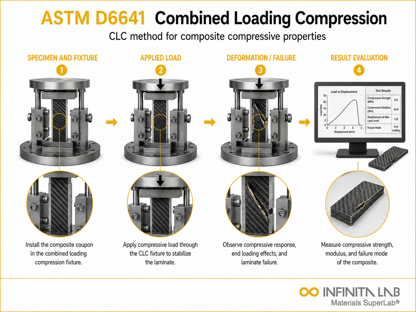 Infinita Engineering Visual showing ASTM D6641 compression / crush workflow for combined loading compression (clc) test for composites: method & astm d6641.