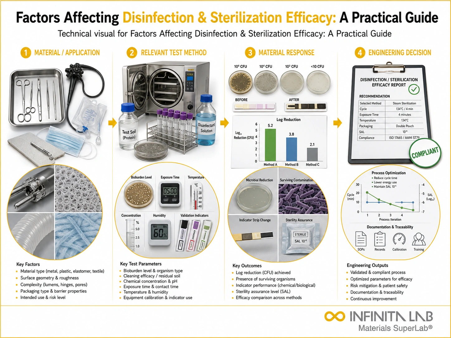 Infinita Engineering Visual showing Factors Affecting Disinfection general testing / industry guide workflow for factors affecting disinfection & sterilization efficacy: a practical guide.