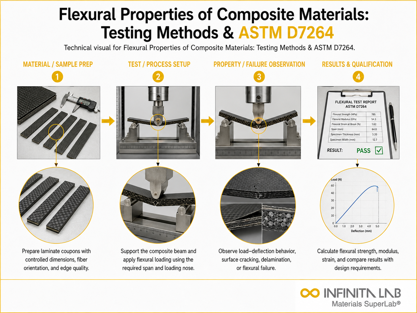 Infinita Engineering Visual showing Flexural Properties of Composite Materials: Testing Methods & ASTM D7264 composites / plastics / polymers workflow.