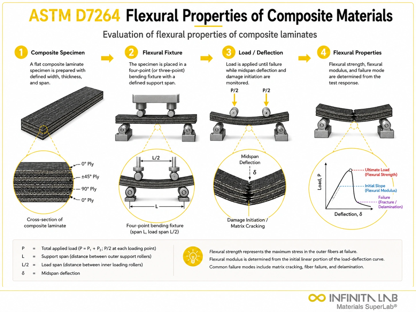 Four-step Infinita Engineering Visual showing flexural Properties of Composite Materials Testing Methods ASTM D7264 with specimen preparation, fixture setup, flexural loading, and results evaluation.