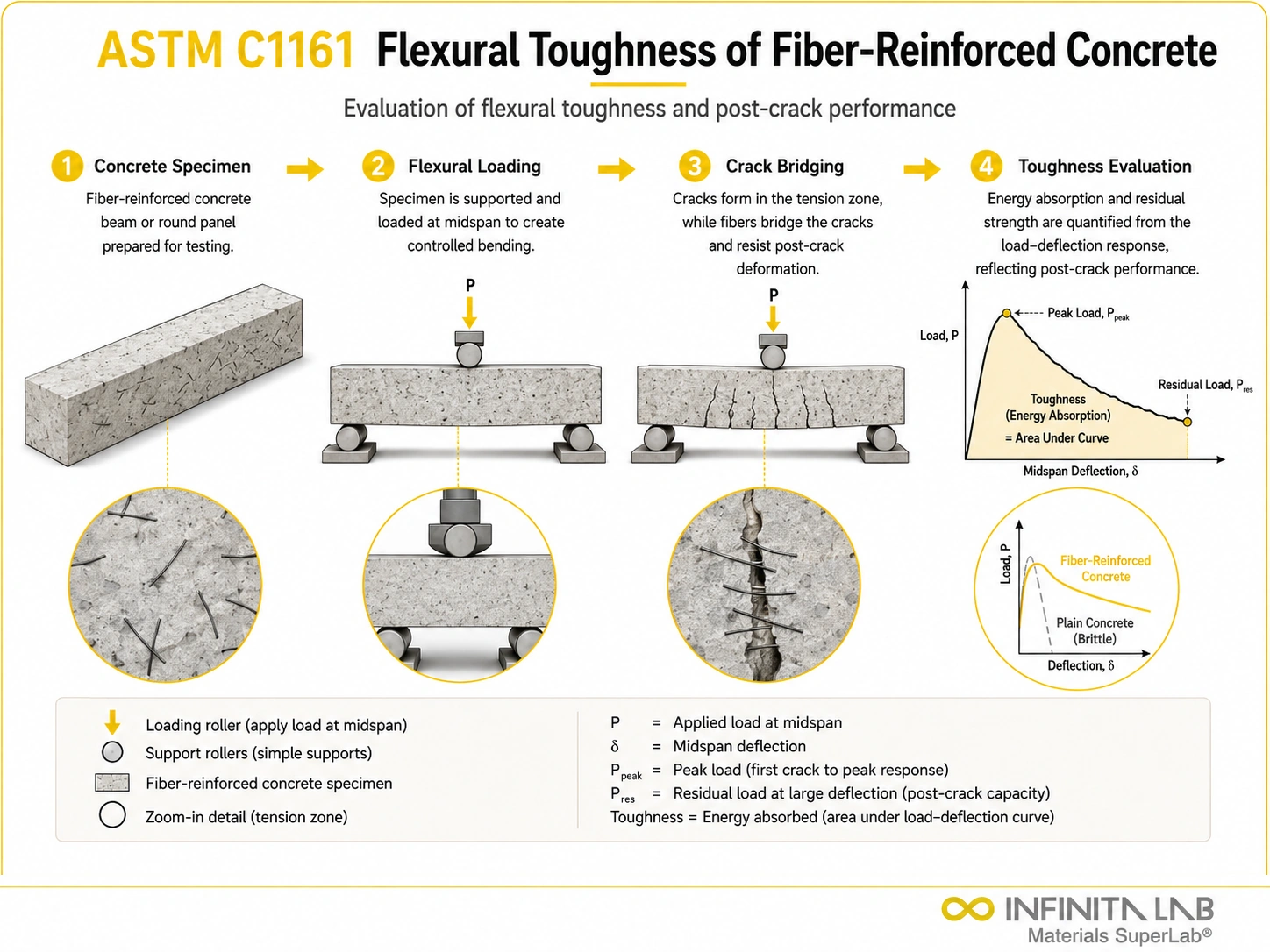 Four-step Infinita Engineering Visual showing flexural Toughness of Fiber Reinforced Concrete Testing Standards with specimen preparation, fixture setup, flexural loading, and results evaluation.