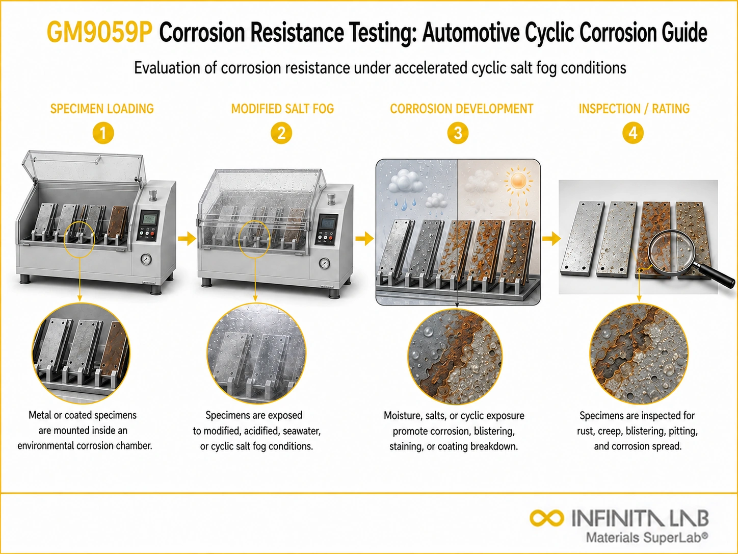 Four-step Infinita Engineering Visual showing gm9059p corrosion resistance testing: automotive cyclic corrosion guide with specimen loading, modified salt fog, corrosion development, and inspection / rating.
