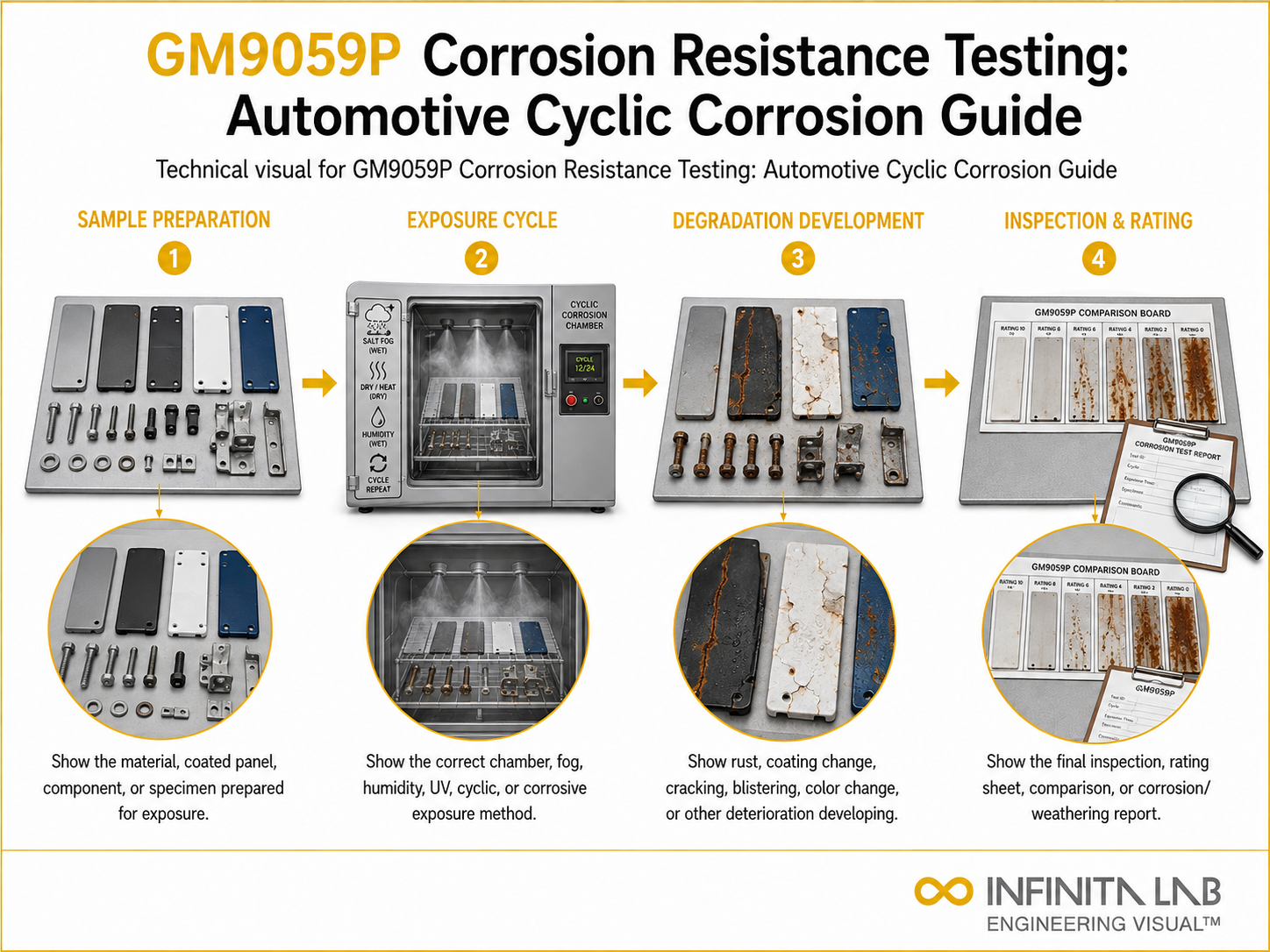 Infinita Engineering Visual showing GM9059P Corrosion Resistance Testing: Automotive Cyclic Corrosion Guide corrosion / weathering / durability workflow.