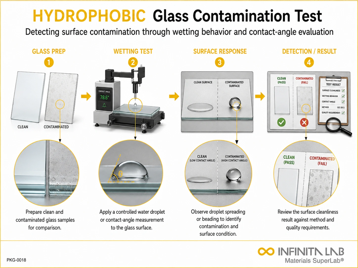 Infinita Engineering Visual showing Hydrophobic Contamination Testing transport / distribution simulation workflow for hydrophobic contamination testing on glass: detection, methods & standards.