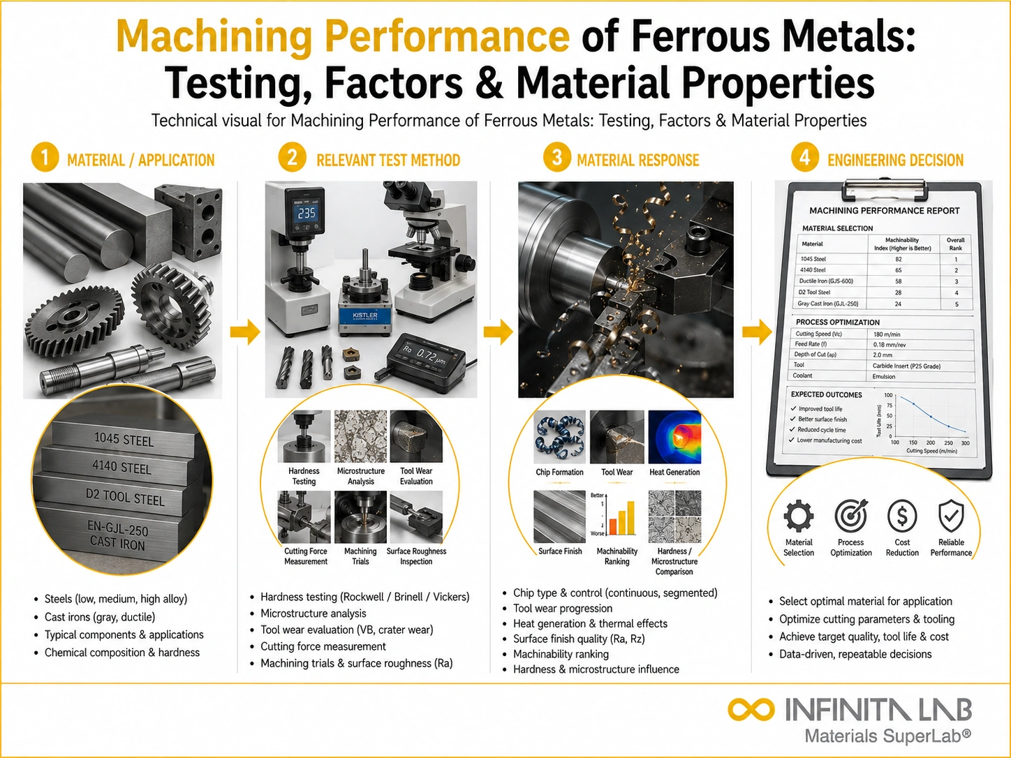 Infinita Engineering Visual showing Machining Performance Of general testing / industry guide workflow for machining performance of ferrous metals: testing, factors & material properties.