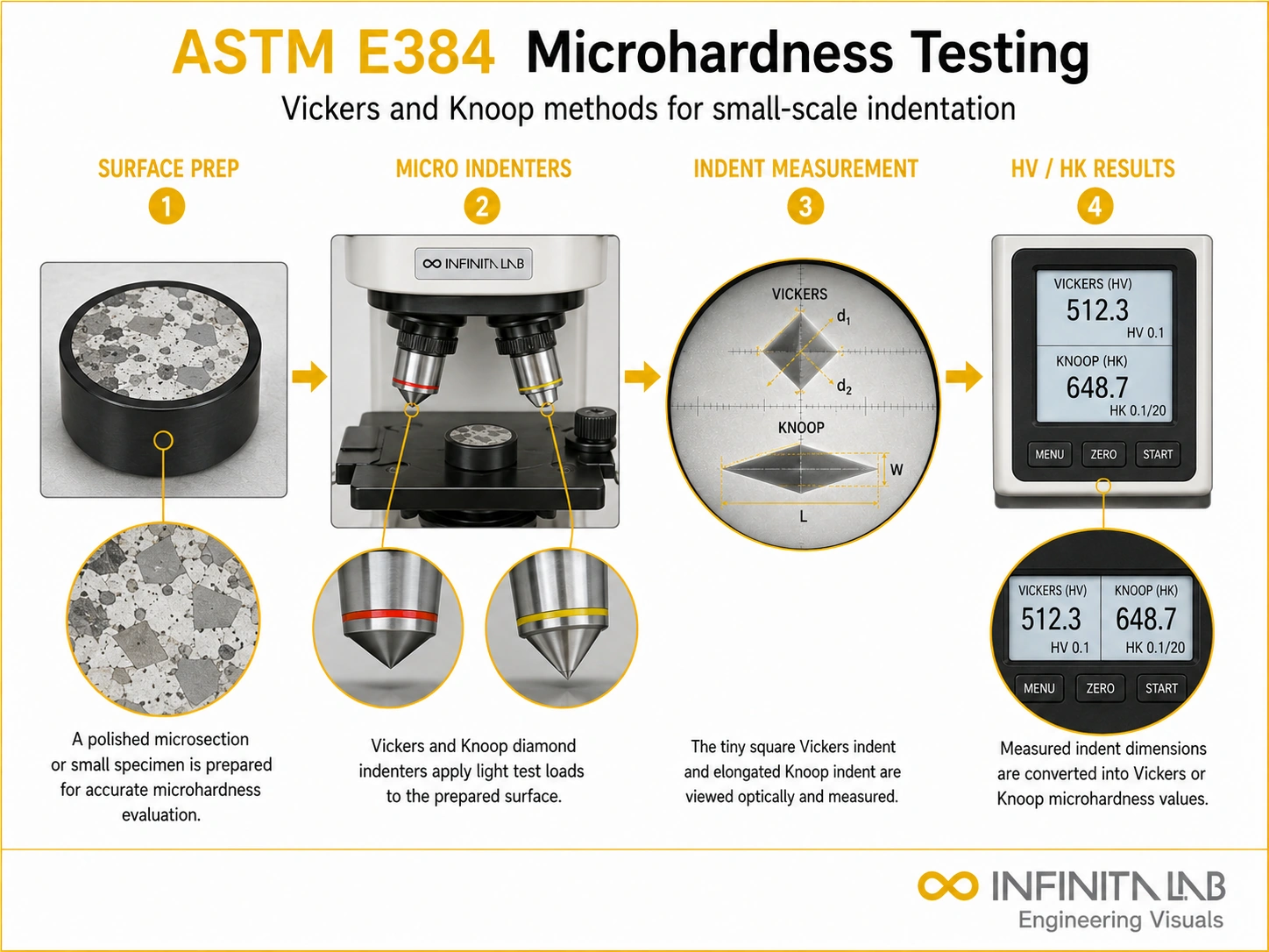 Infinita Engineering Visual showing ASTM E384 vickers / microhardness workflow for microhardness testing: vickers & knoop methods per astm e384.