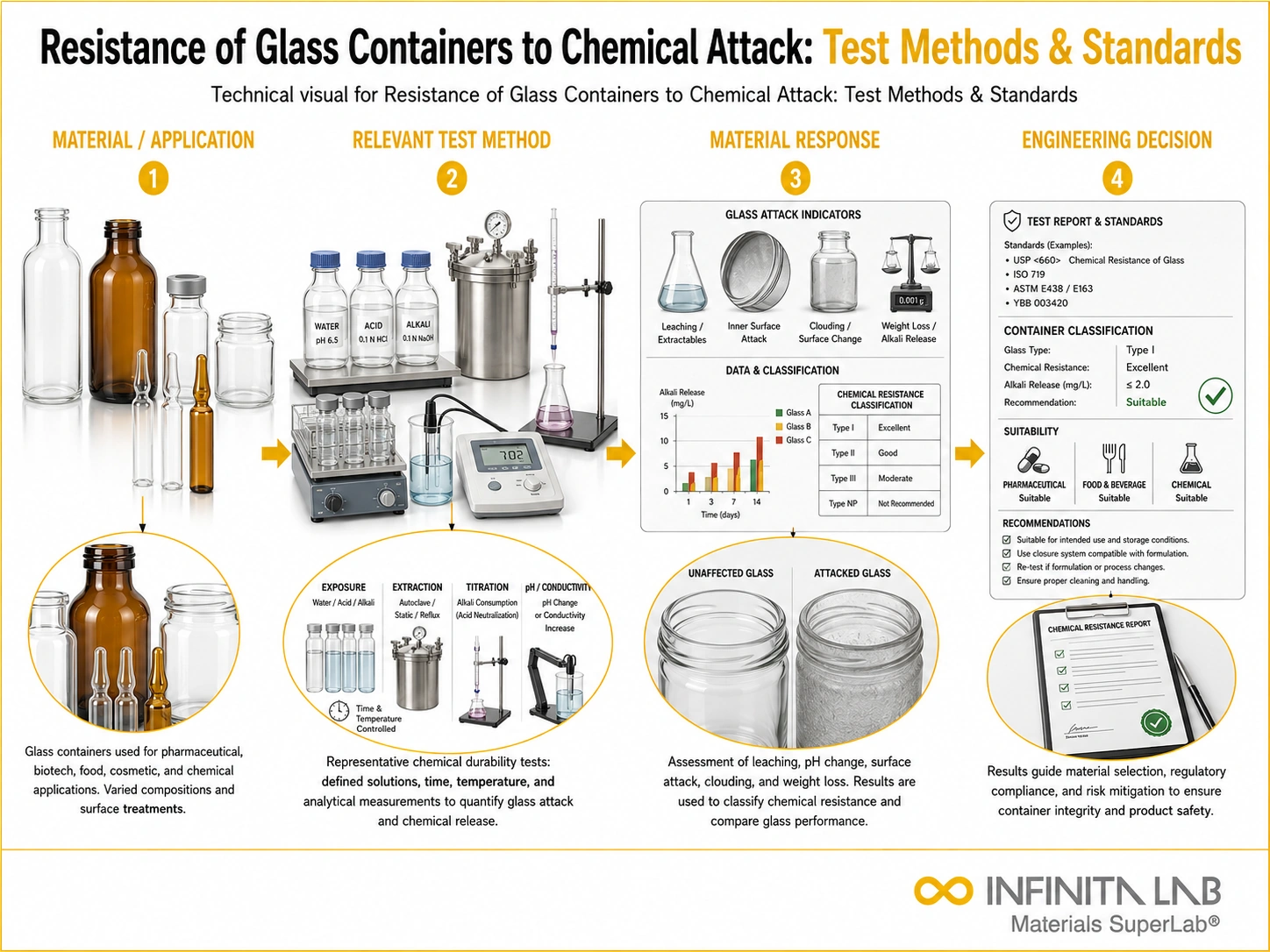 Infinita Engineering Visual showing Resistance Of Glass general testing / industry guide workflow for resistance of glass containers to chemical attack: test methods & standards.