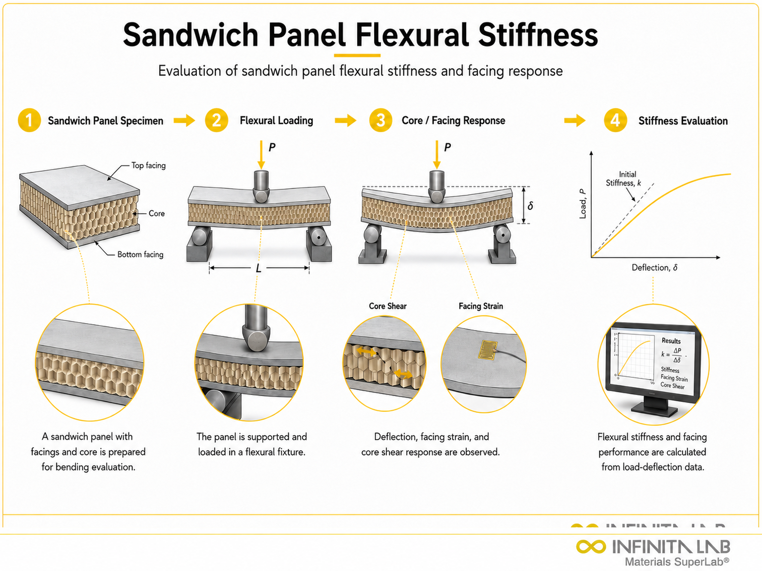 Four-step Infinita Engineering Visual showing sandwich Panel Flexural Stiffness Testing Methods Calculation with specimen preparation, fixture setup, flexural loading, and results evaluation.
