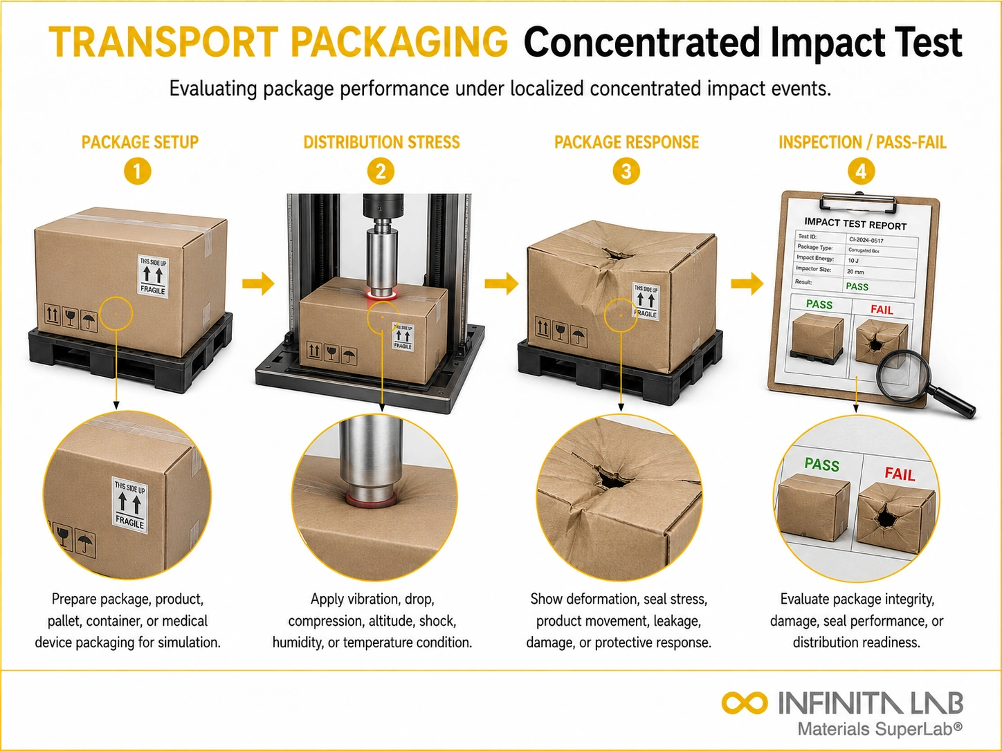 Infinita Engineering Visual showing Transport Packaging Concentrated transport / distribution simulation workflow for transport packaging concentrated impact test.