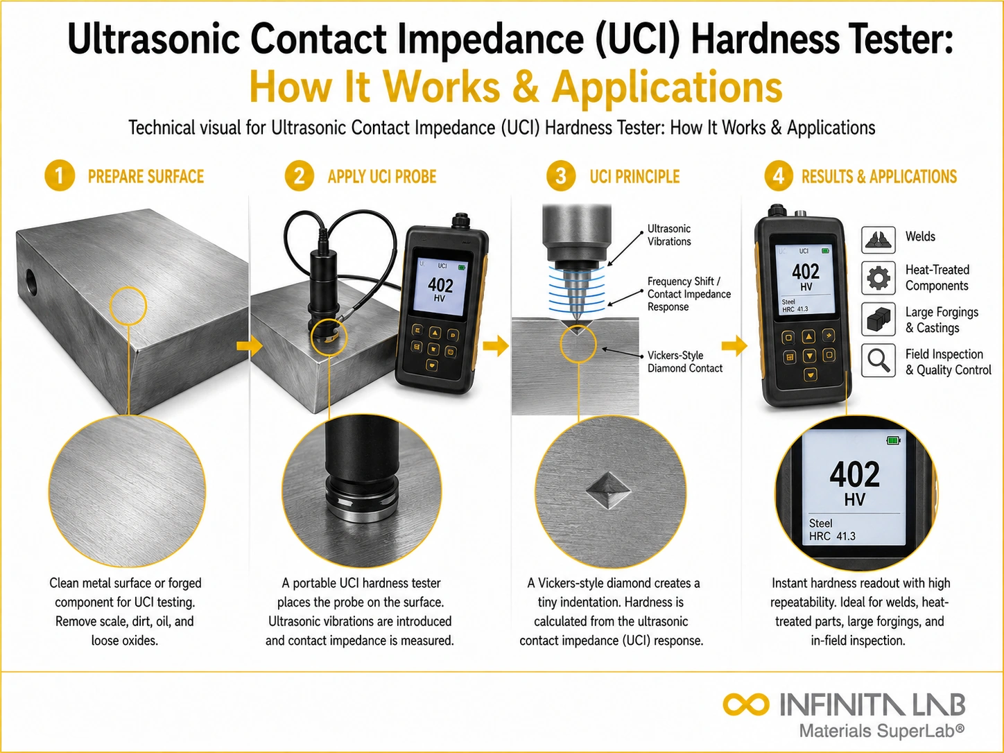 Infinita Engineering Visual showing Ultrasonic Contact Impedance hardness / indentation workflow for ultrasonic contact impedance (uci) hardness tester: how it works & applications.