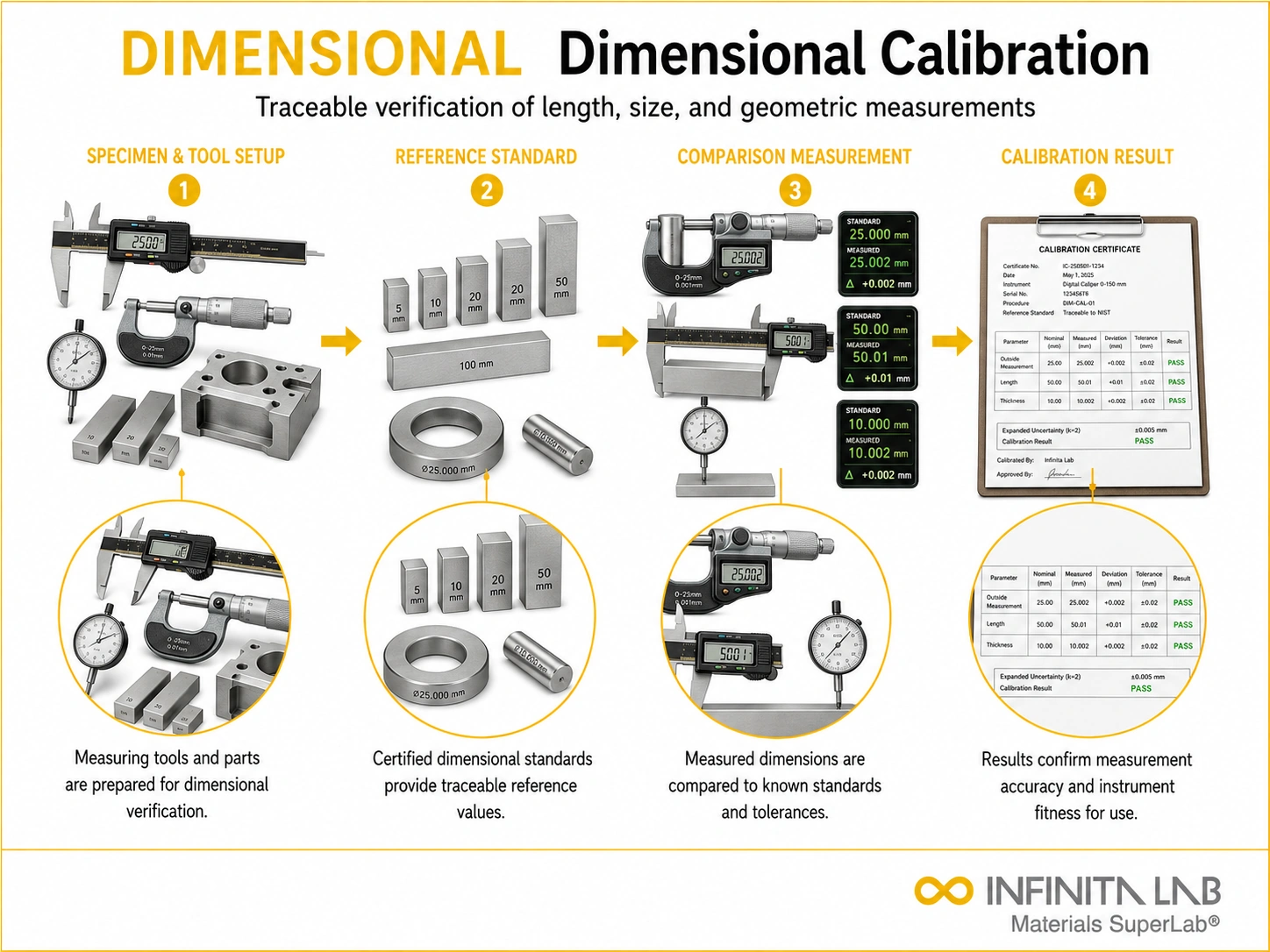 Infinita Engineering Visual showing Dimensional Calibration calibration / measurement accuracy workflow for dimensional calibration.