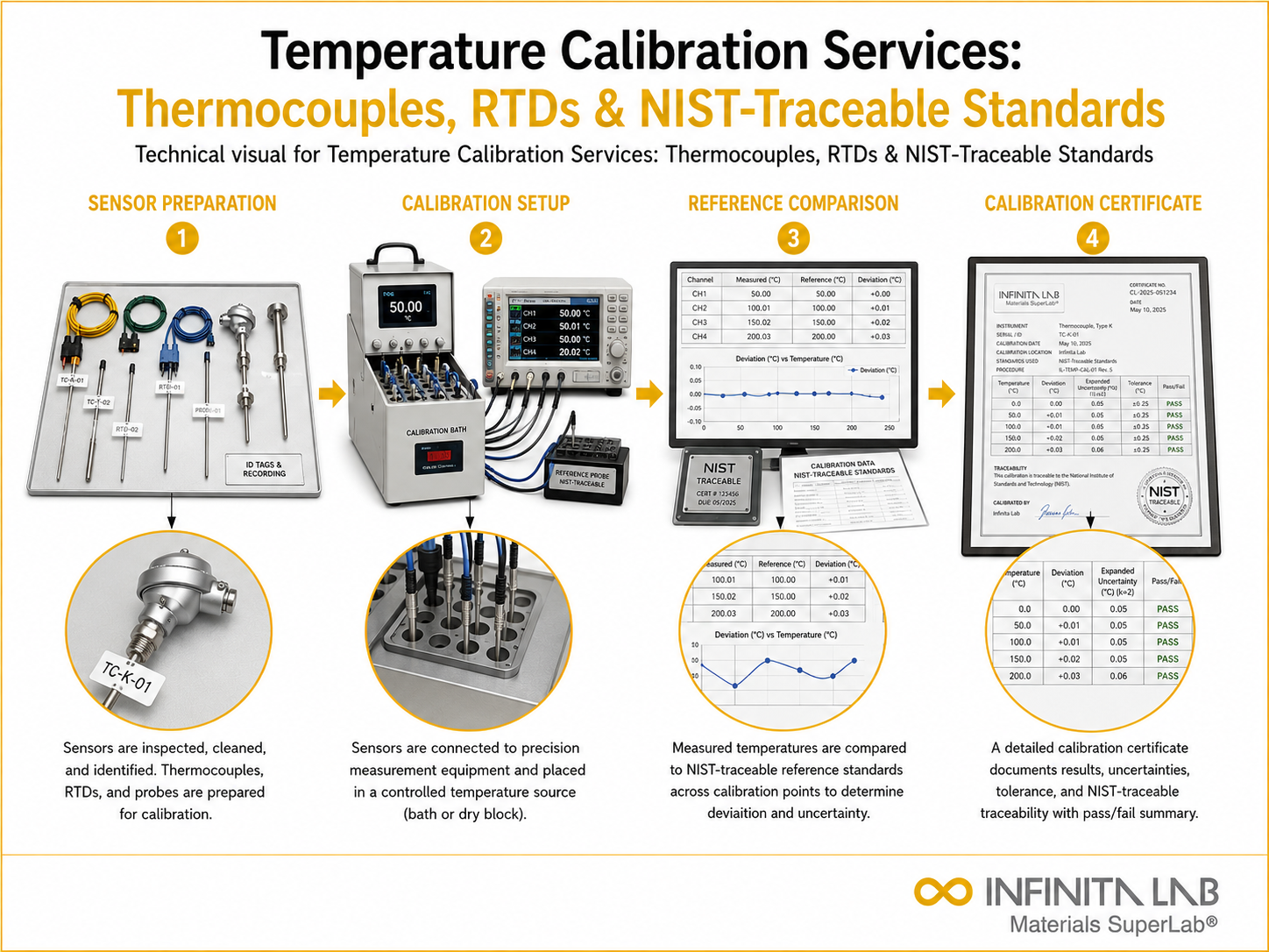 Infinita Engineering Visual showing Temperature Calibration Services microscopy / imaging workflow for temperature calibration services: thermocouples, rtds & nist-traceable standards.