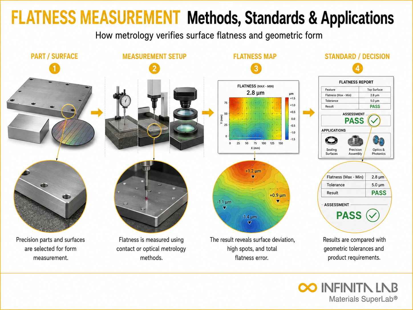 Infinita Engineering Visual showing Flatness Measurement In general testing / industry guide workflow for flatness measurement in metrology: methods, standards & applications.