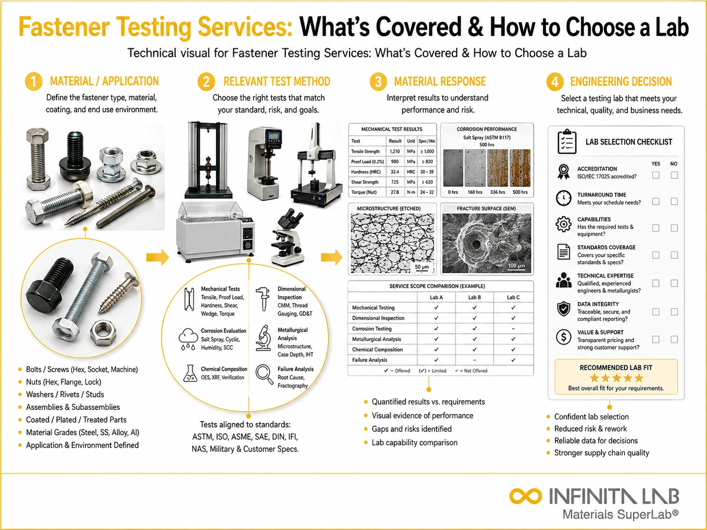 Infinita Engineering Visual showing Fastener Testing Services general testing / industry guide workflow for fastener testing services: what's covered & how to choose a lab.
