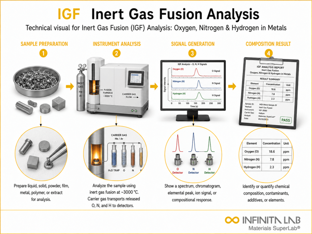 Infinita Engineering Visual showing Inert Gas Fusion elemental / spectroscopic analysis workflow for inert gas fusion (igf) analysis: oxygen, nitrogen & hydrogen in metals.
