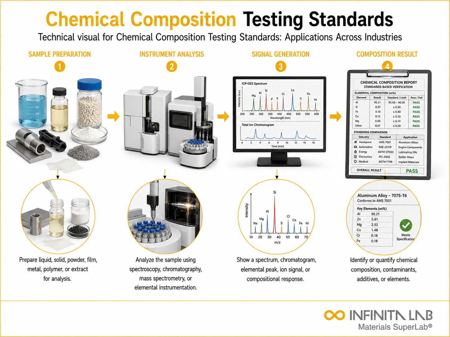 Infinita Engineering Visual showing Chemical Composition Testing spectroscopy / chromatography / elemental analysis workflow for chemical composition testing standards: applications across industries.