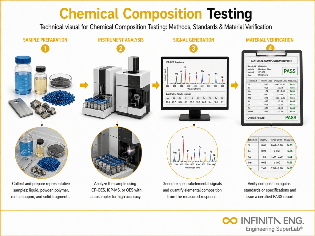 Infinita Engineering Visual showing Chemical Composition Testing spectroscopy / chromatography / elemental analysis workflow for chemical composition testing: methods, standards & material verification.
