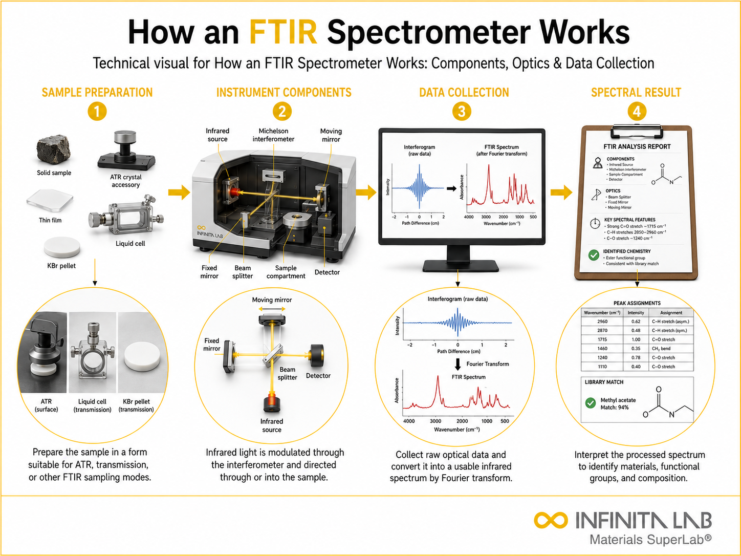 Infinita Engineering Visual showing How An Ftir ftir / infrared spectroscopy workflow for how an ftir spectrometer works: components, optics & data collection.