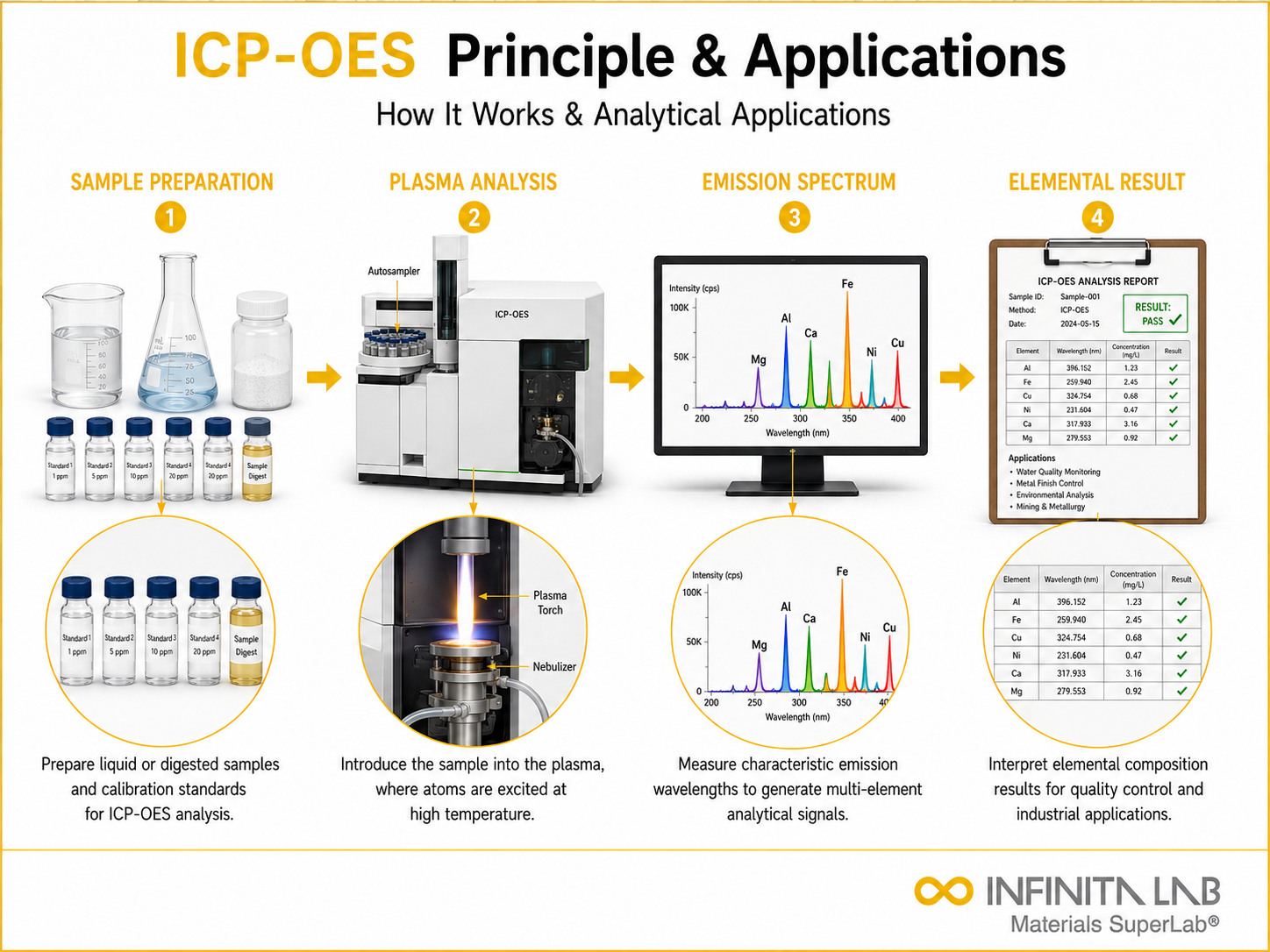 Infinita Engineering Visual showing Icp Oes Principle elemental / spectroscopic analysis workflow for icp-oes: principle, how it works & analytical applications.