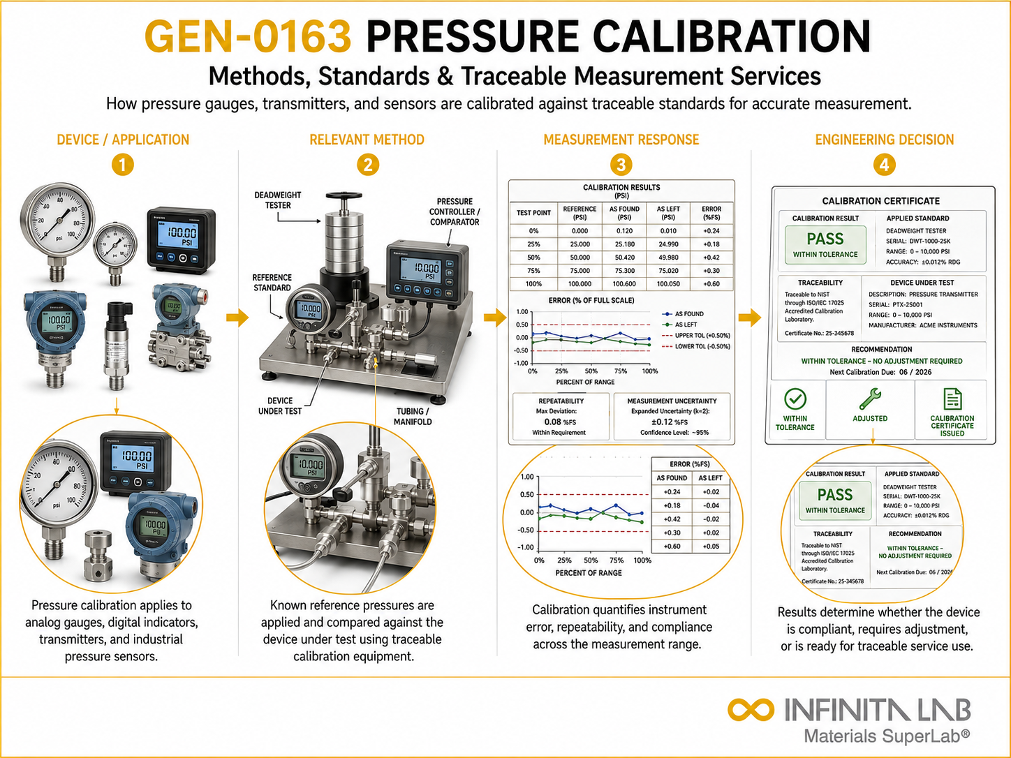 Infinita Engineering Visual showing Pressure Calibration Methods general testing / industry guide workflow for pressure calibration: methods, standards & traceable measurement services.