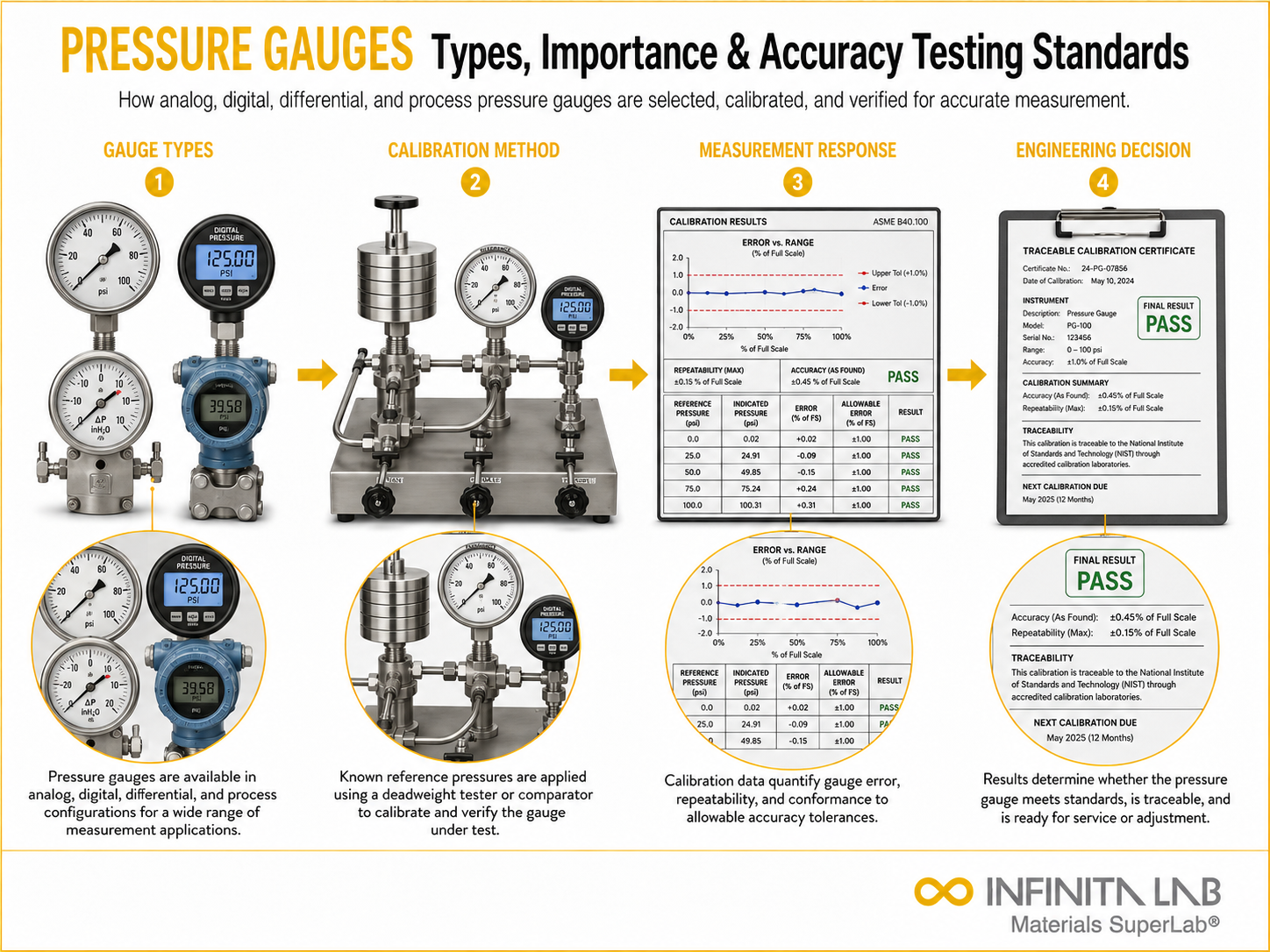 Infinita Engineering Visual showing Pressure Gauges Types general testing / industry guide workflow for pressure gauges: types, importance & accuracy testing standards.