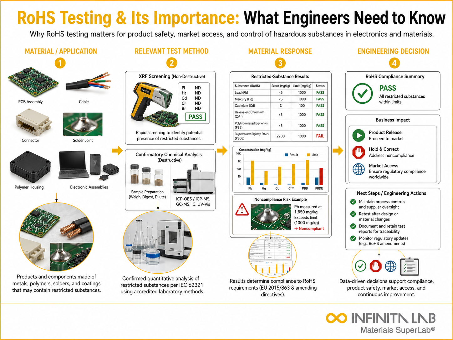 Infinita Engineering Visual showing Rohs Testing Its general testing / industry guide workflow for rohs testing & its importance: what engineers need to know.