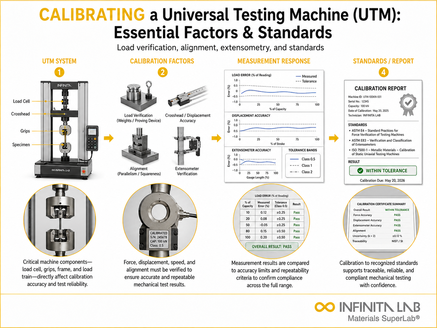 Infinita Engineering Visual showing Calibrating A Universal general testing / industry guide workflow for calibrating a universal testing machine (utm): essential factors & standards.
