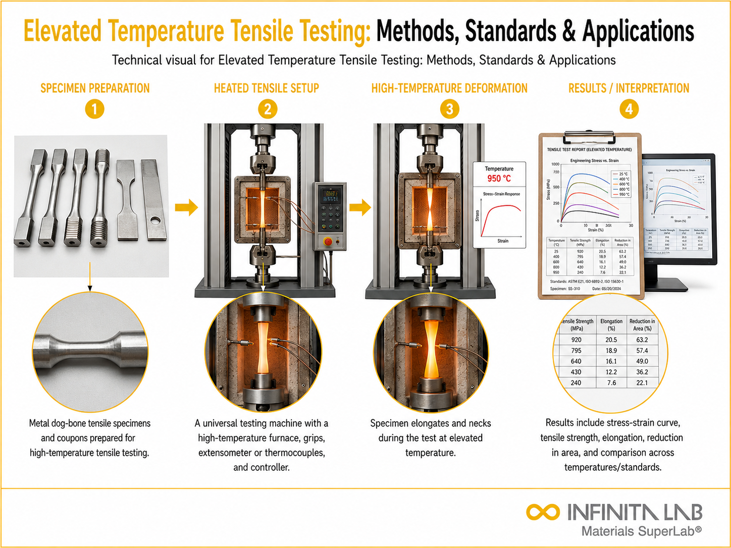 Infinita Engineering Visual showing Elevated Temperature Tensile microscopy / imaging workflow for elevated temperature tensile testing: methods, standards & applications.