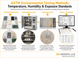 Infinita Engineering Visual showing Astm Environmental Testing microscopy / imaging workflow for astm environmental testing methods: temperature, humidity & exposure standards.