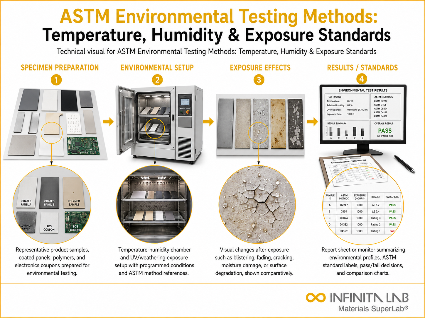 Infinita Engineering Visual showing Astm Environmental Testing microscopy / imaging workflow for astm environmental testing methods: temperature, humidity & exposure standards.