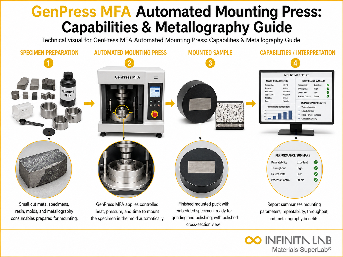 Infinita Engineering Visual showing Genpress Mfa Automated metallography / grain size / microstructure workflow for genpress mfa automated mounting press: capabilities & metallography guide.