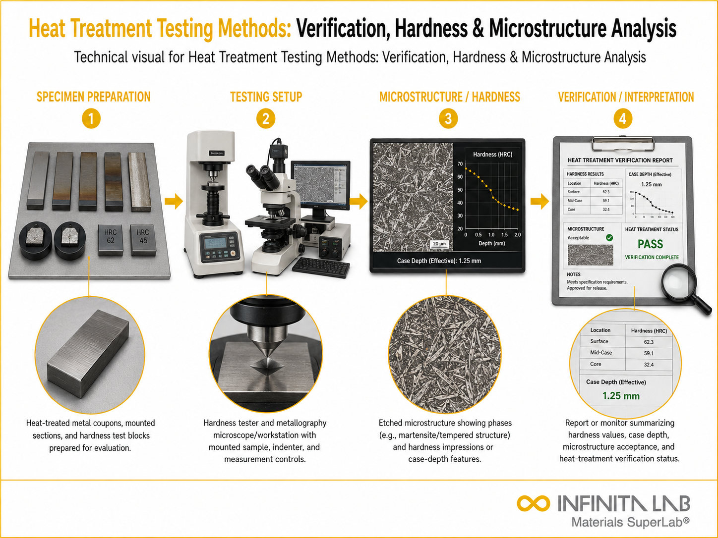 Infinita Engineering Visual showing Heat Treatment Testing metallography / grain size / microstructure workflow for heat treatment testing methods: verification, hardness & microstructure analysis.