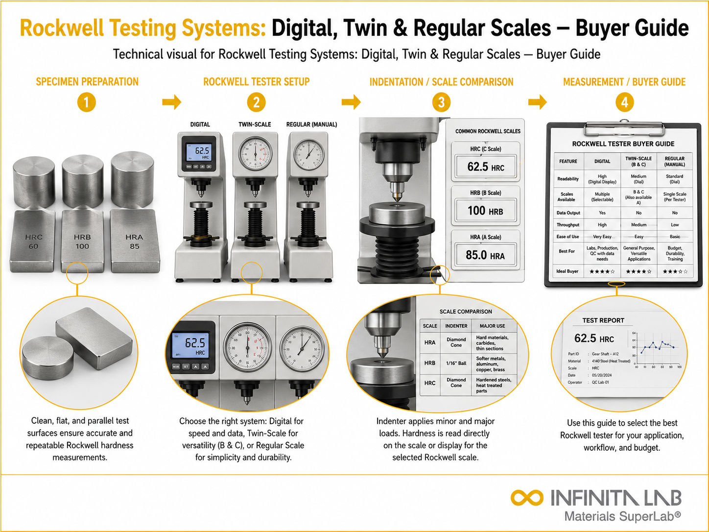 Infinita Engineering Visual showing Rockwell Testing Systems microscopy / imaging workflow for rockwell testing systems: digital, twin & regular scales — buyer guide.