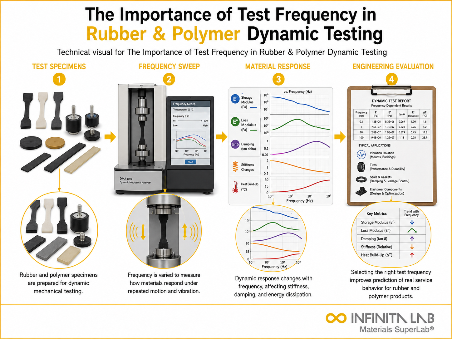 Infinita Engineering Visual showing The Importance Of rubber / elastomer workflow for the importance of test frequency in rubber & polymer dynamic testing.