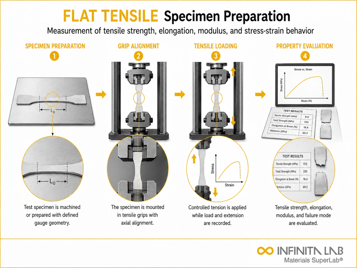 Tensile testing visual for Flat Tensile Specimen Preparation, showing specimen preparation, grip alignment, axial loading, and stress-strain evaluation.