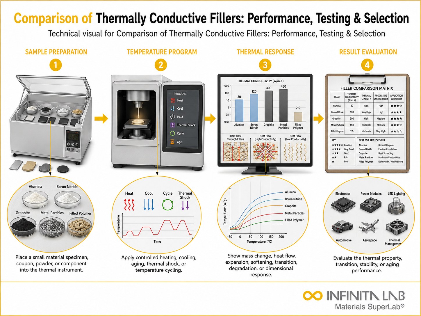 Infinita Engineering Visual showing Comparison Of Thermally thermal analysis / heat testing workflow for comparison of thermally conductive fillers: performance, testing & selection.