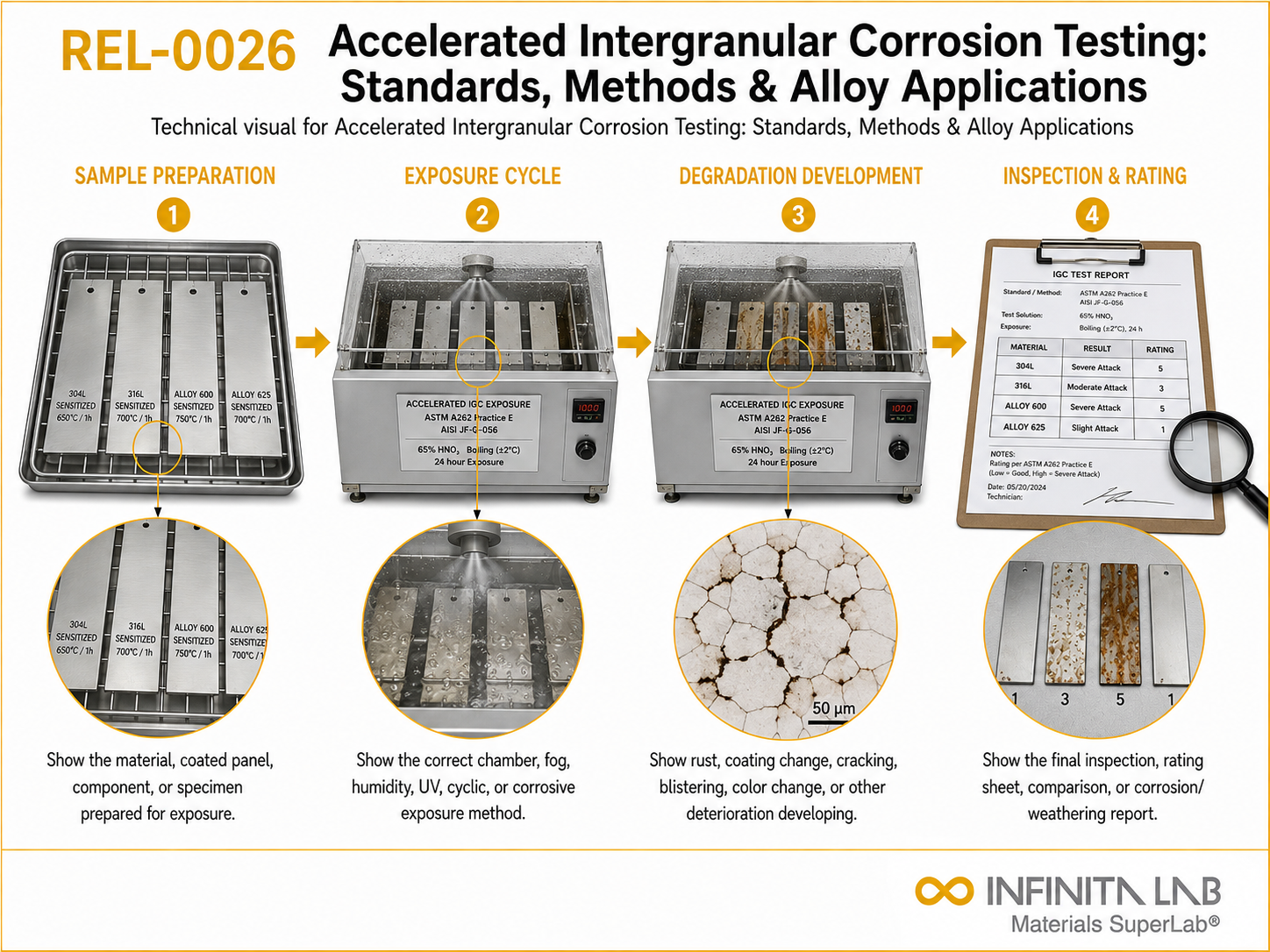 Infinita Engineering Visual showing Accelerated Intergranular Corrosion Testing: Standards, Methods & Alloy Applications corrosion / weathering / durability workflow.