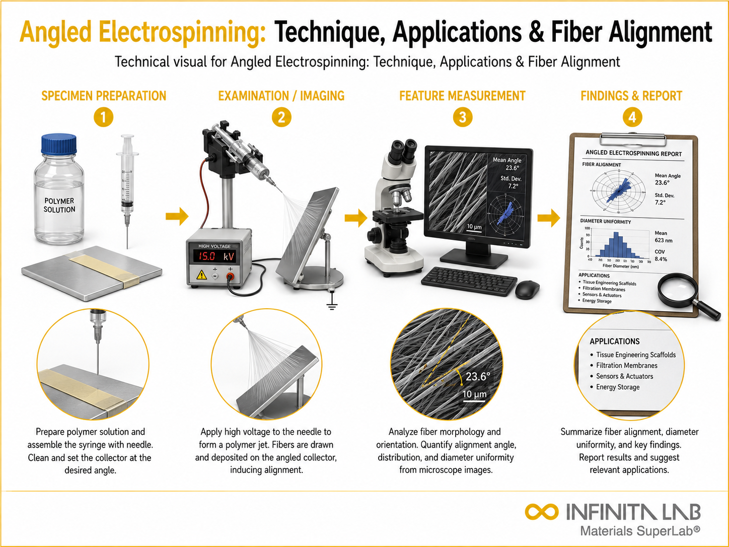 Infinita Engineering Visual showing Angled Electrospinning: Technique, Applications & Fiber Alignment microscopy / surface / material characterization workflow.