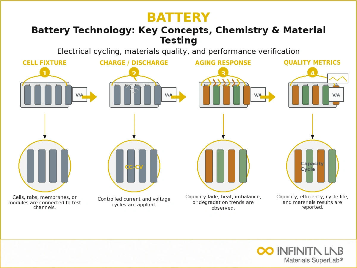 Infinita Engineering Visual showing Battery Technology Key electrical / electronics reliability workflow for battery technology: key concepts, chemistry & material testing.
