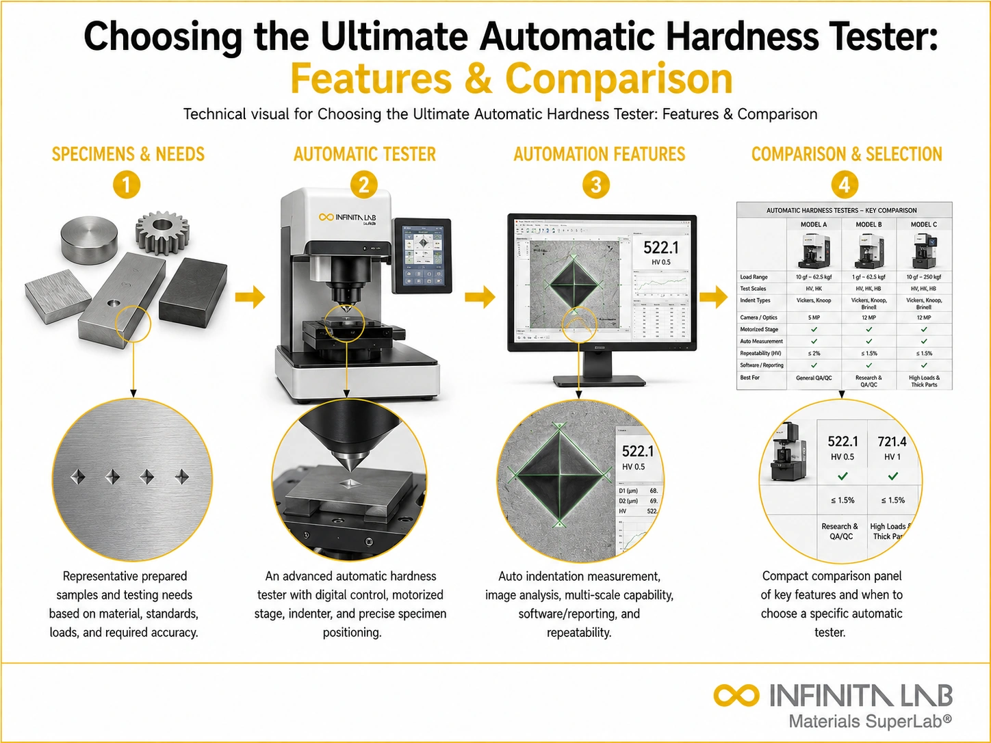 Infinita Engineering Visual showing Choosing The Ultimate hardness / indentation workflow for choosing the ultimate automatic hardness tester: features & comparison.