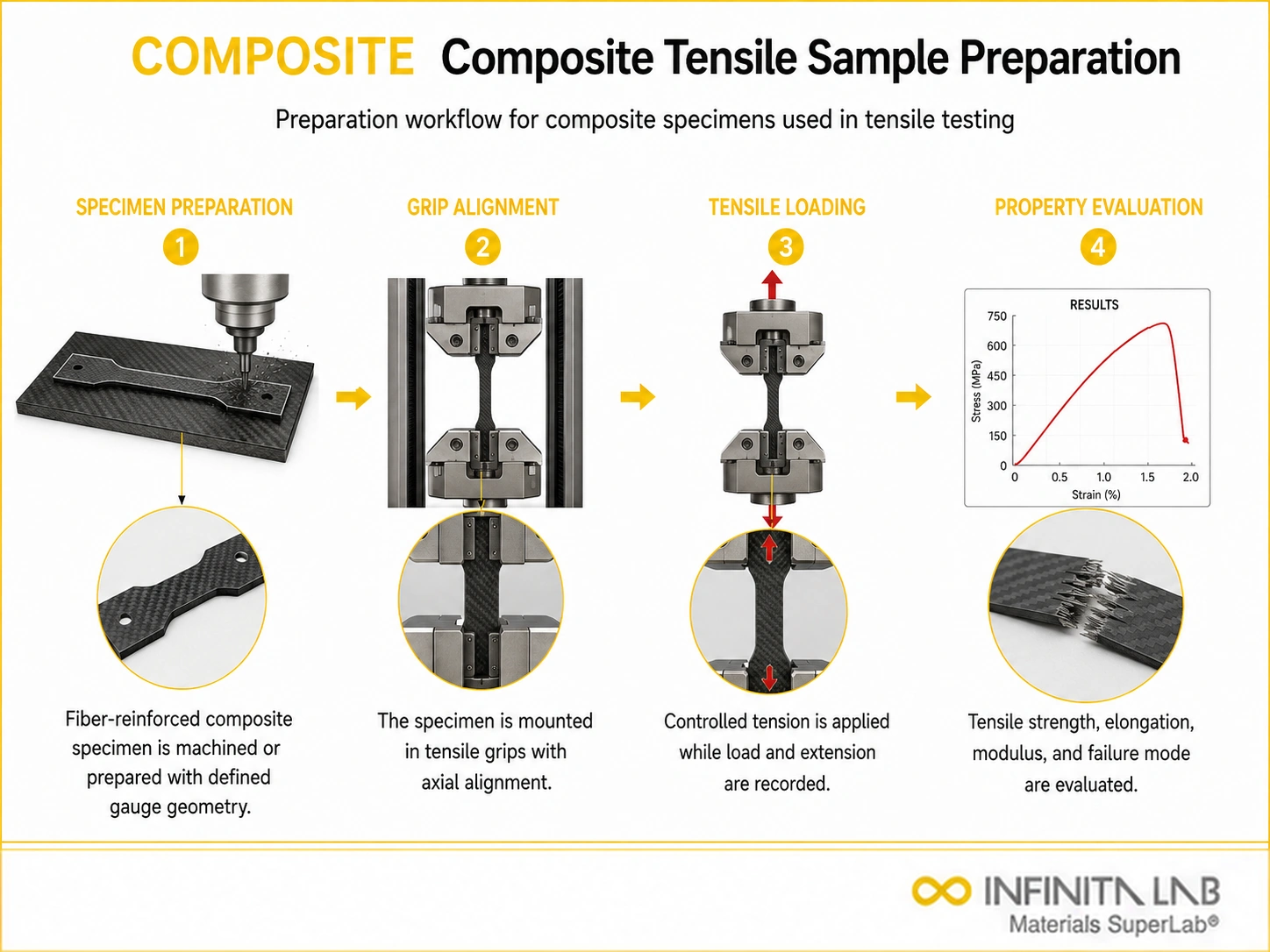 Tensile testing visual for Composite Tensile Sample Preparation, showing specimen preparation, grip alignment, axial loading, and stress-strain evaluation.